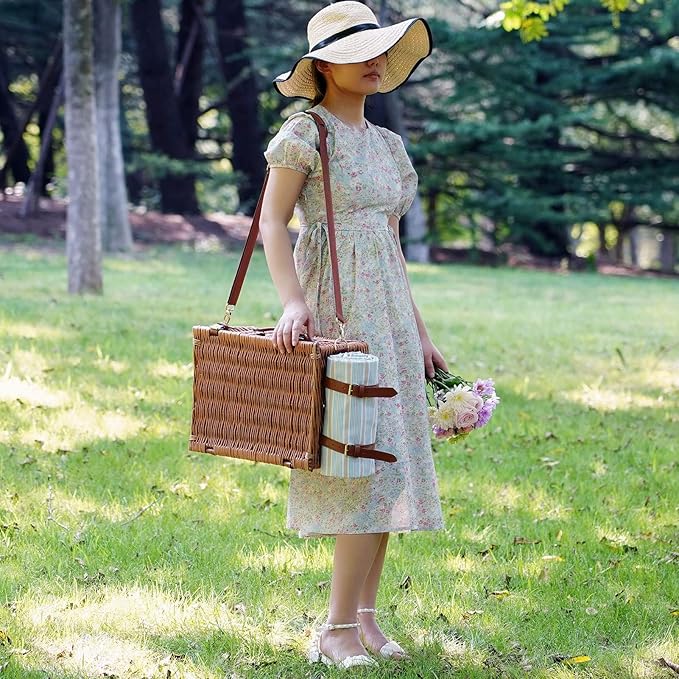 Picnic Basket Set for 4 Persons - Picnic Baskets with Large Insulated Cooler Compartment, Adjustable Shoulder Strap, Willow Hamper and Waterproof Blanket Set with Cutlery Service Kit