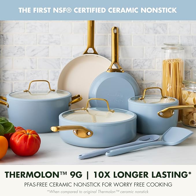 GreenPan Nonstick Reserve Pro 10 Piece Cookware Set, NSF Certified Ceramic, Hard Anodized PFAS-Free Pots & Pans Set with Lids, Stainless Steel Handles, Oven & Dishwasher Safe, Glacier Blue