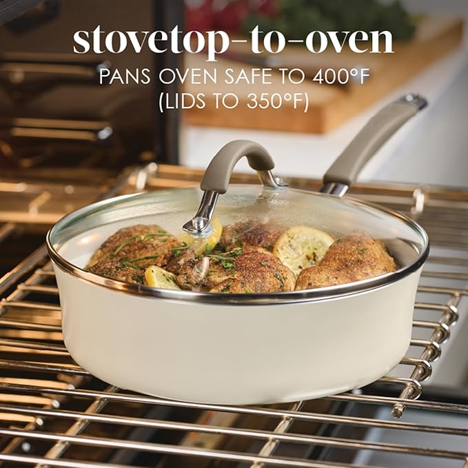 Rachael Ray Cucina Ceramic Nonstick Saute Pan with Lid, 3 Quart Non Stick Sauteuse Pan, Dishwasher Safe - Almond