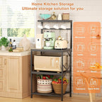 Kitchen Bakers Rack with Storage Shelves, Small Coffee Bar Cart with 8 Hooks, 4 Tiers Microwave Stand Station with Adjustable Shelves, Freestanding Kitchen Appliance Organizer, Black Oak