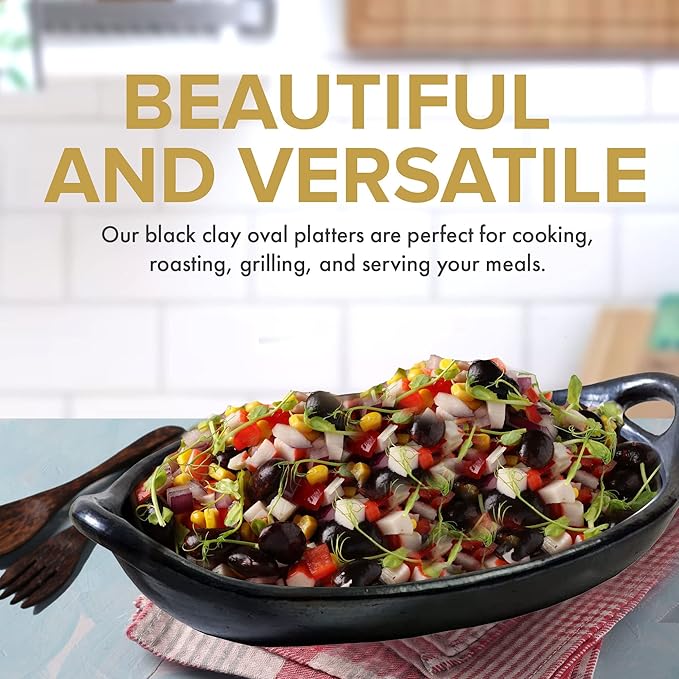 Authentic Chamba Oval Platter with Handles - Elegant, All-Natural Black Clay Roasting Pan for Baking, Roasting and Serving - Stovetop & Oven Safe – Handmade in Colombia – 12 Inches Long