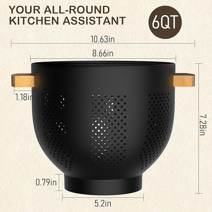 Colander for Kitchen, 6 QT Metal Colander with Wood Handle, Essentials Kitchen Gadgets Strainers and Colanders Food Strainer Basket for Draining Pasta Strainer, Vegetable & Fruit, Black