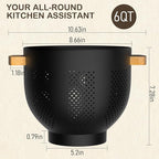 Colander for Kitchen, 6 QT Metal Colander with Wood Handle, Essentials Kitchen Gadgets Strainers and Colanders Food Strainer Basket for Draining Pasta Strainer, Vegetable & Fruit, Black