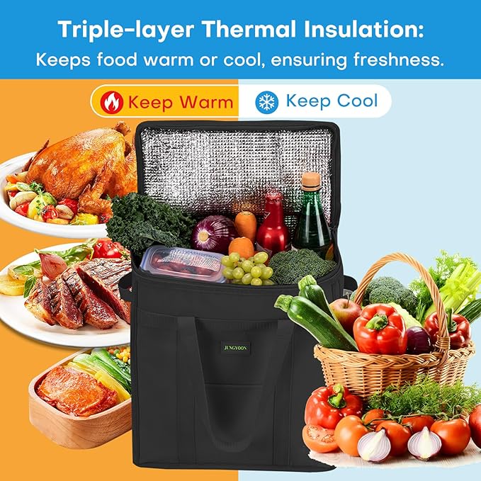 JUNGYOON Heavy-Duty Insulated Grocery Bags & Picnic Basket – Collapsible Cooler Bag with Zippered Top | Reusable Shopping Bags for Groceries, Picnics, Easy Storage (M Black)