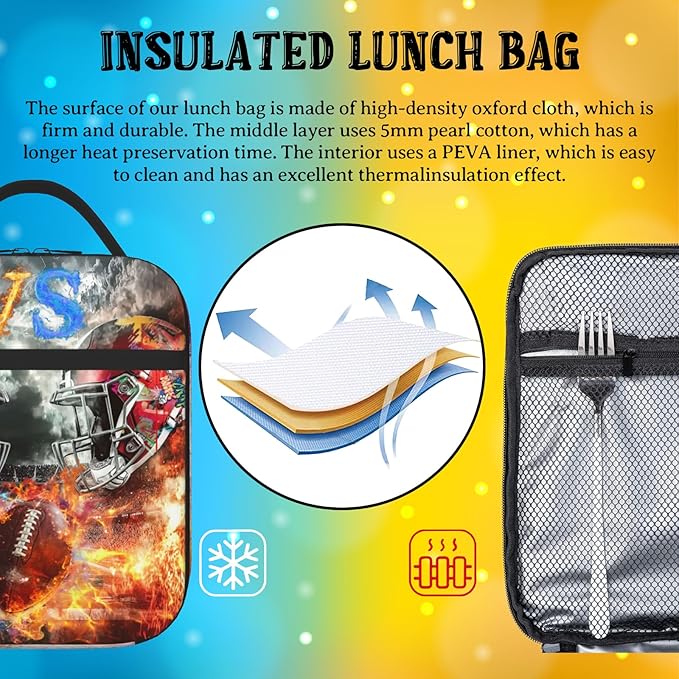 American Football Lunch Bag for Boys Girls Insulated Football Lunch Box for Kids Teen Adult Reusable Kids Lunch Bag for School Work Office Travel Waterproof Leakproof Portable Fits Most Bento Boxes