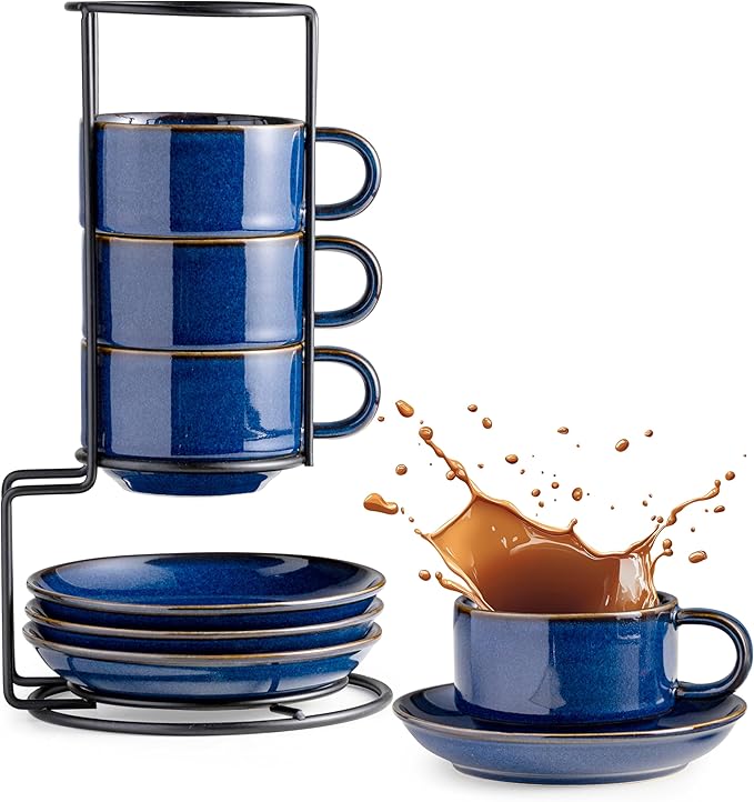 Gomakren 6 Ounce Cappuccino Cups with Saucers and Metal Stand, Stackable Coffee Cup Set of 4, Halloween Porcelain Espresso Cups for Coffee Drinks, Cappuccino, Latte, Americano, Tea, Cobalt Blue