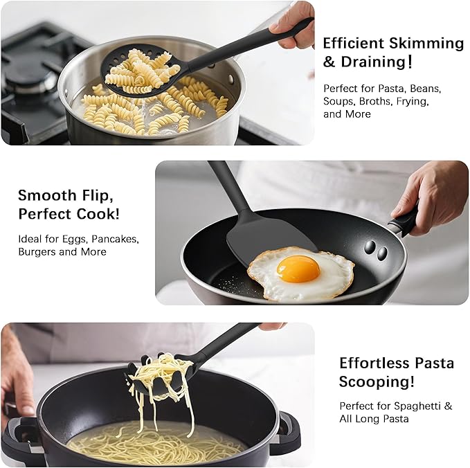 Coukre Silicone Kitchen Cooking Utensils Set with Holder – Heat-Resistant, Food-Grade Kitchen Tools, Spatula, Spoon & Gadgets for Non-Stick Pans, Dishwasher Safe (14, Black)