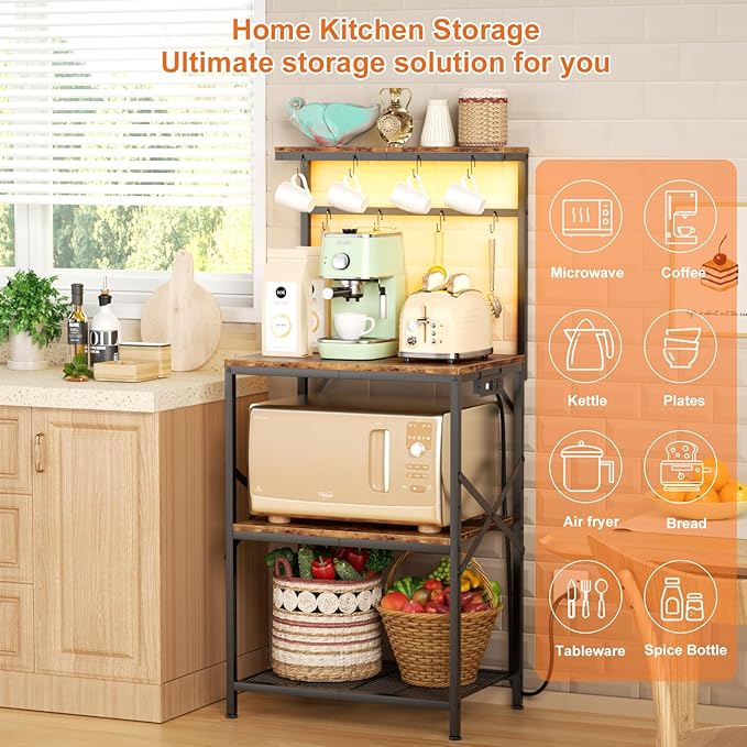 Kitchen Bakers Rack with Power Outlet & LED Lights, Small Coffee Bar Table with Adjustable Storage Shelf, 4 Tiers Microwave Stand with 8 Hooks, Coffee Station for Appliance Organizer, Rustic Brown