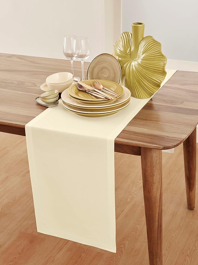 Solino Home Ivory Table Runner 90 Inches Long - Dru Cotton Linen 14 x 90 Inch Table Runner for Dining, Summer, Fall, Autumn - Handcrafted and Machine Washable