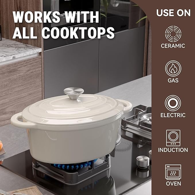 Oval Dutch Oven for Bread Baking, 4.5 Quart Non Stick Enameled Cast Iron Dutch Oven Pot with Lid, Oven Safe Oval Casserole with Lid up to 500°F for Baking, Braising, Stews, Roasting (Beige)