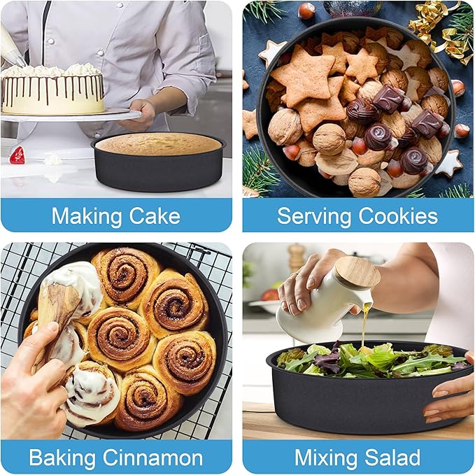 TeamFar 9½ Inch Cake Pan Set of 3, Layer Round Baking Cake Pans for Birthday Wedding Party, Stainless Steel Core & Black Nonstick Coating, Healthy & Heavy Duty, 2 Inch Deep & Easy Clean