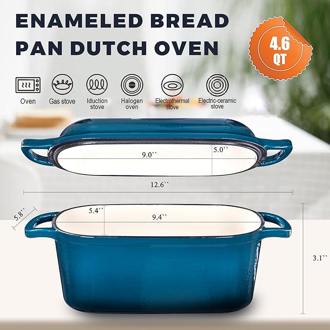 4.6 Quart Dutch Oven for Sourdough Bread Baking, Combo Oval Enameled Cast Iron Bread Pan with Lid, Bread Dutch Oven for a Crispy Crust, Teal