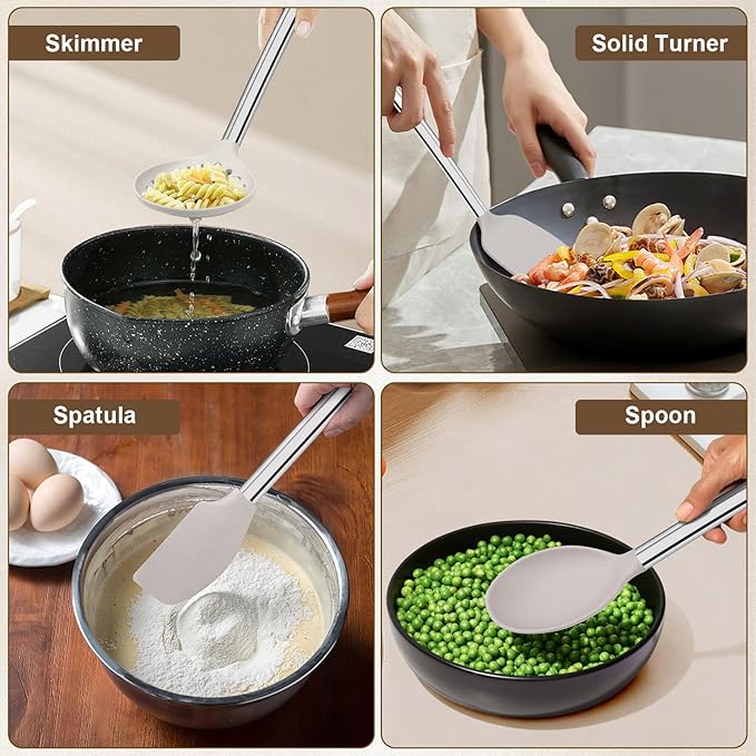 8 Pieces Kitchen Utensils Set, Vayvnt Heat Resistant Silicone Cooking Utensils Set for Non-Stick Cookware, Stainless Steel Handle, Kitchen Gadgets Includes Large Spatula Tongs, Dishwasher Safe, Khaki