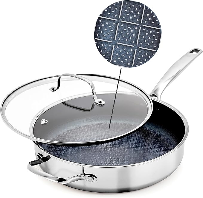 Blue Diamond Hybrid Nonstick Stainless Steel 4QT Saute Pan with Glass Lid, PFAS-Free Ceramic Diamond Bond, Deep Jumbo Skillet, Induction Ready, Dishwasher & Metal Utensil Safe, Stay-Cool Handle