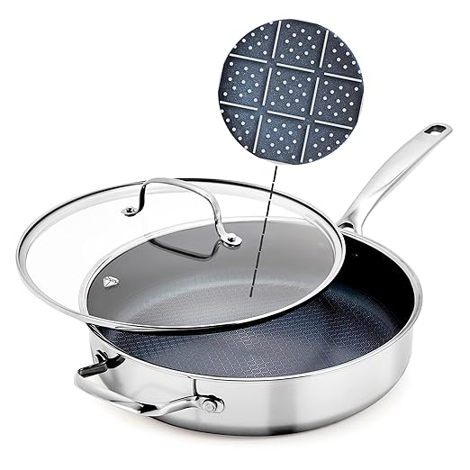 Blue Diamond Hybrid Nonstick Stainless Steel 4QT Saute Pan with Glass Lid, PFAS-Free Ceramic Diamond Bond, Deep Jumbo Skillet, Induction Ready, Dishwasher & Metal Utensil Safe, Stay-Cool Handle