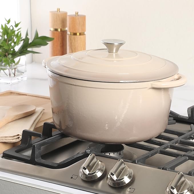 Gibson Home Addlestone 7 Qt Enameled Cast Iron Dutch Oven Pot with Lid – Round, Oven Safe to 500°F, Ideal for Bread Baking & Stews - Gradient Taupe