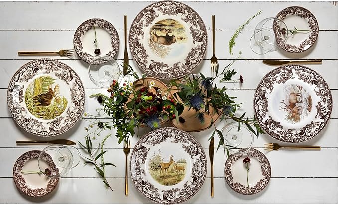 Spode Woodland Elk Salad Plate - American Wildlife Design, British Flowers Border for Rustic Dining, 8 Inch Fine Earthenware - Oven, Microwave, Freezer & Dishwasher Safe, Made in England