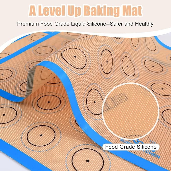 Silicone Macaron Baking Mat Half Sheet - Set of 3 (2 Half Sheet and 1 Quarter Sheet), Non Stick Silicon Oven Liner For Macaroons and Cookies, By Folksy Super Kitchen (16.5x11.6, Blue)