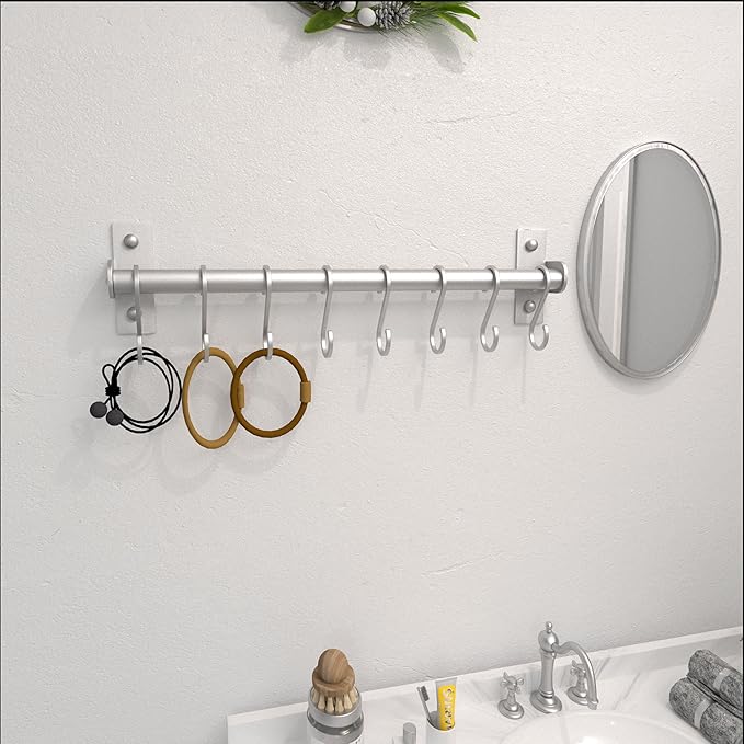 Dseap Kitchen Utensil Holder Hanger, Pot and Pan Rack Wall Mounted, Kitchen Rail with 8 Hooks for Hanging Cooking Utensils, Mugs, Spoons, Wall Mounted, Silver, Pack of 2