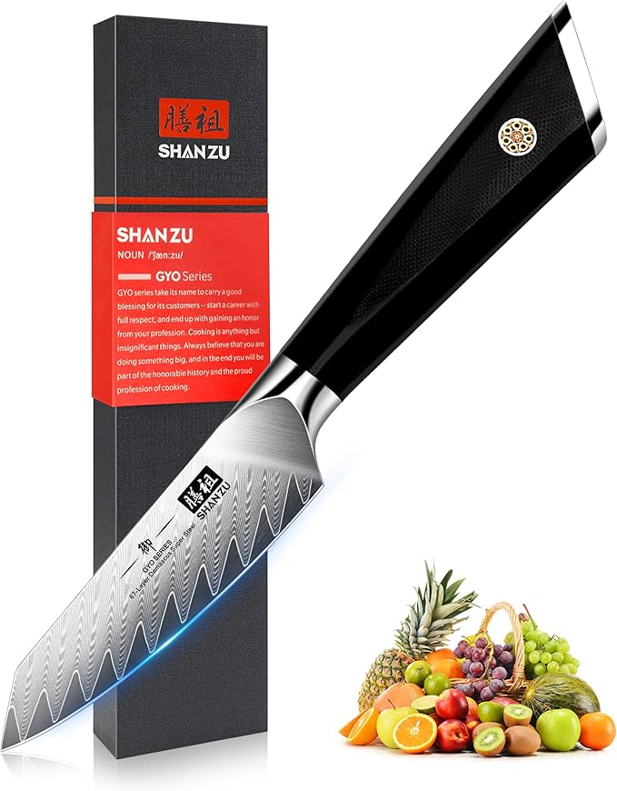 SHAN ZU Damascus Paring Knife Fruit Knife 4 Inch Professional Kitchen Knives, Japanese Damascus High Carbon Steel 67-Layer Fruit Carving Knives with G10 Handle/Gift Box