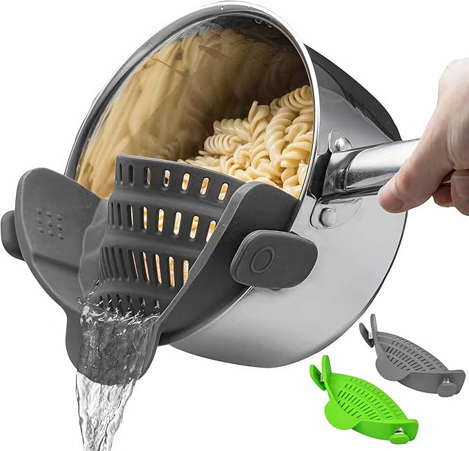 2 Pack Kitchen Gizmo Snap-On Strainer - Silicone Clip-On Strainer for Pots and Pans - Collapsible Design - Heat Resistant Colander for Vegetables and Noodles - Ideal for Rice, Grains - Green/Grey