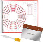Silicone Pastry Baking Mat with Measurements Extra a Brush and a Dough Scraper- 23.5” x 15.7” Heat Resistant, BPA Free, Non-Stick Non-Slip Pastry Mat for Rolling Dough - Easy to Clean, Red