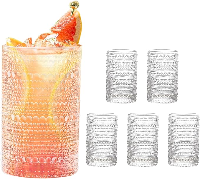 Hobnail Drinking Glasses，12 oz Glasses Drinking Set of 6，Vintage Glassware，Whiskey/Cocktail/Juice/Beer/Water/Kitchen Glasses for Bar Tumbler Glassware，Vasos De Vidrio Glass Cups Set for Mixed Drinks