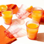 Pink Ribbed Glass Set of 4 14oz Highball Glass Stackable Vintage Durable for Water, Seltzer, Sparkling, Elegant Everyday Glassware