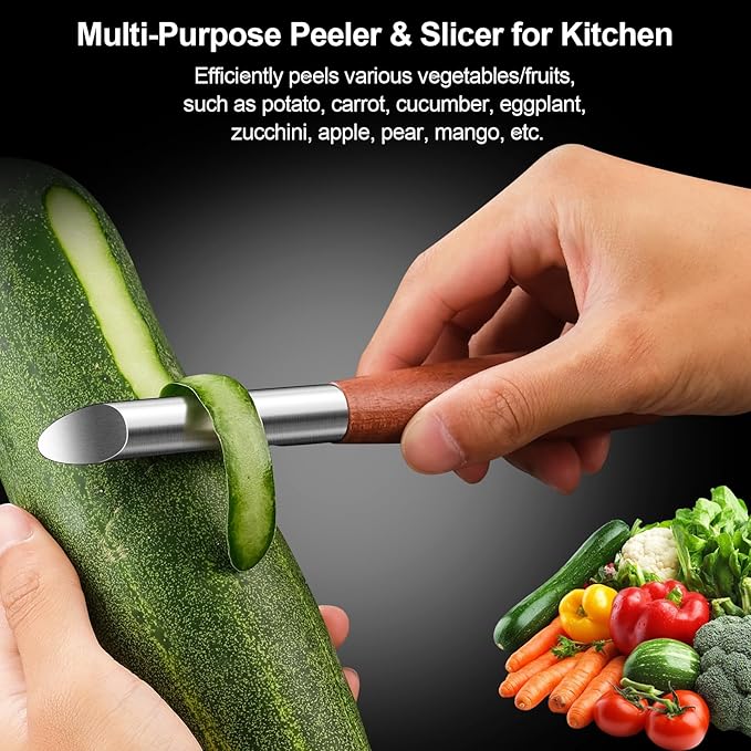 Potato Peelers Stainless Steel, Ultra Sharp Vegetable Peeler for Kitchen, Premium Veggie Fruit Peeler, Rotary Blade Carrot Peelers, Thickened Non-Slip Ergonomic Wooden Handle（5 Years Warranty）