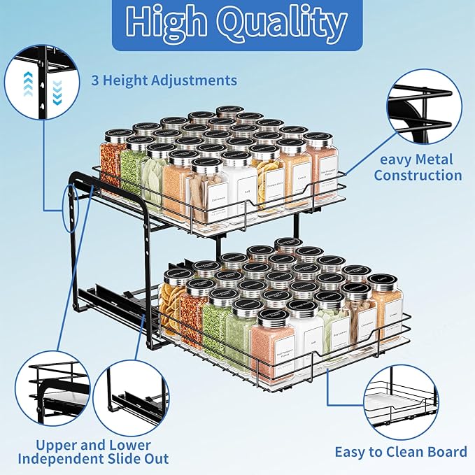 2-Tier Spice Rack Organizer, Pull Out Spice Rack for Cabinet, Height Adjustable Heavy Duty Metal Basket for Inside Cabinet & Pantry (11.5''Wx10.5''Dx9.5''H)