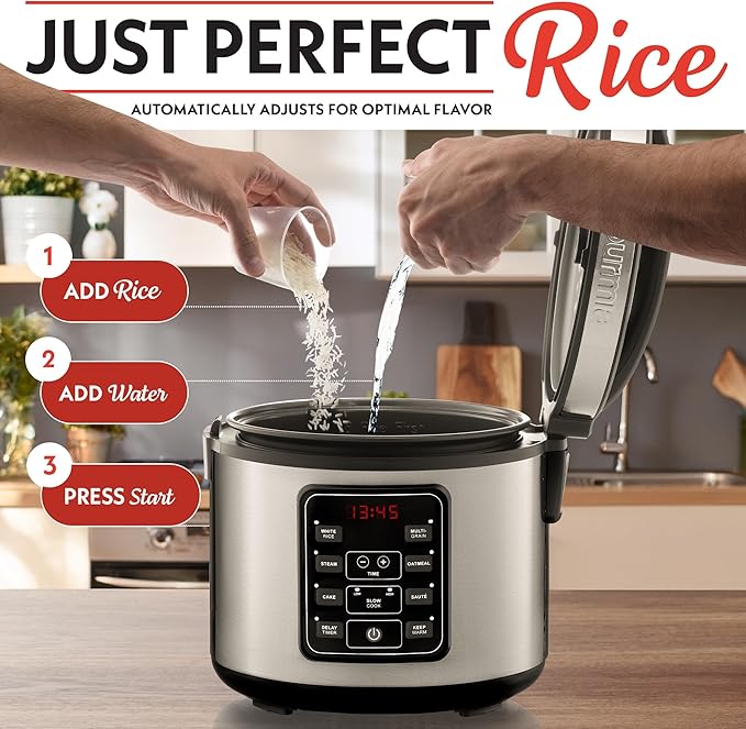 Gourmia Rice Cooker – 3 Qt Capacity, 12 Cup Cooked, 6 Cup Uncooked, Digital Controls, Grain Cooker & Steamer, Built-In Steamer Basket, Nonstick Ceramic Pot, Delay Timer, Keep Warm, Stainless Steel