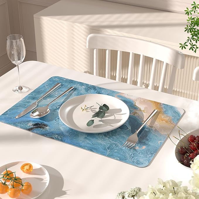 QIYI Placemats Set of 4, 12x18 Inch PU Leather Place Mats for Kitchen Dinning, Heat Resistant Anti Slip Pink Gold Table Mats, Waterproof Wipeable Washable Placemat Party Table Décor, Blue Fluid Marble