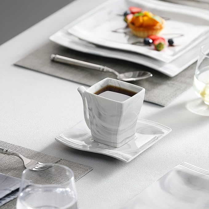 MALACASA Plates and Bowls Sets, 30 Piece Porcelain Dinnerware Sets for 6, Square Dinnerware Set with Dinner Plate, Dessert Plate, Soup Plate, Cup and Saucer, Modern Dish Set, Marble Grey, Series Flora