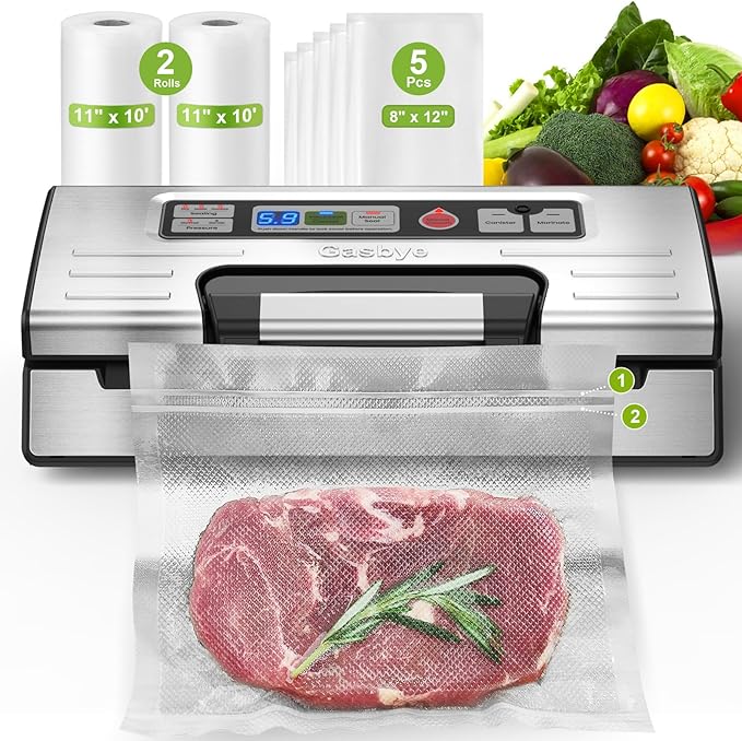 Vacuum Sealer Machine, 95kPa Food Sealer with Double Heat Seal for Dry/Moist Food, Easy-lock Handle, Built-in Bag Storage & Cutter, Progress Display, Removable Drip Tray, Silver