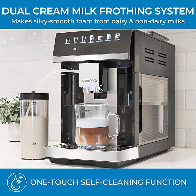 Kenmore Fully Automatic Coffee Maker - with Grinder, Milk Frother & Steamer, Auto Tamper, Descaler Expresso Machine, cafeteras electricas modernas machines For Home/Office Black