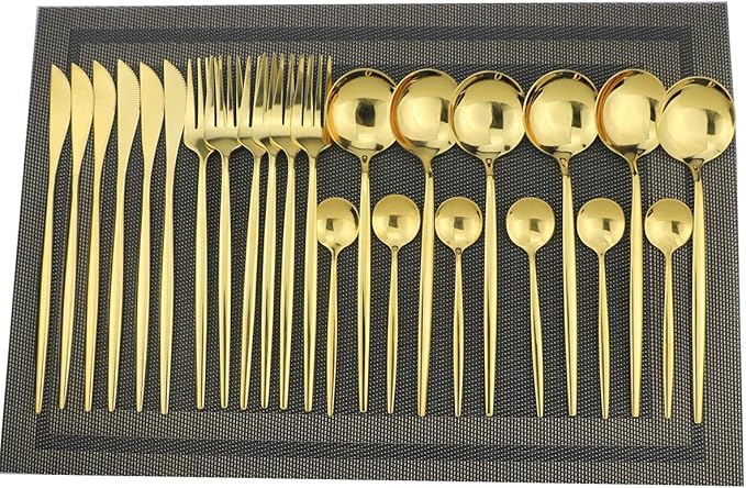 Gugrida 24-Piece Silverware Set - 18/10 Stainless Steel Reusable Utensils Forks Spoons Knives Set, Mirror Polished Cutlery Flatware Set, Great for Family Gatherings & Daily Use (6 set, Gold)