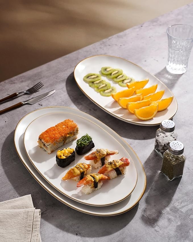 famiware Serving Platter, Oval 15.59/14.3/12.9inch Serving Dishes for Entertaining, Serving Bowls, Microwave Safe, Stoneware Serving Trays for Party, Food, Turkey, Cheese, Ocean Series, Vanilla White