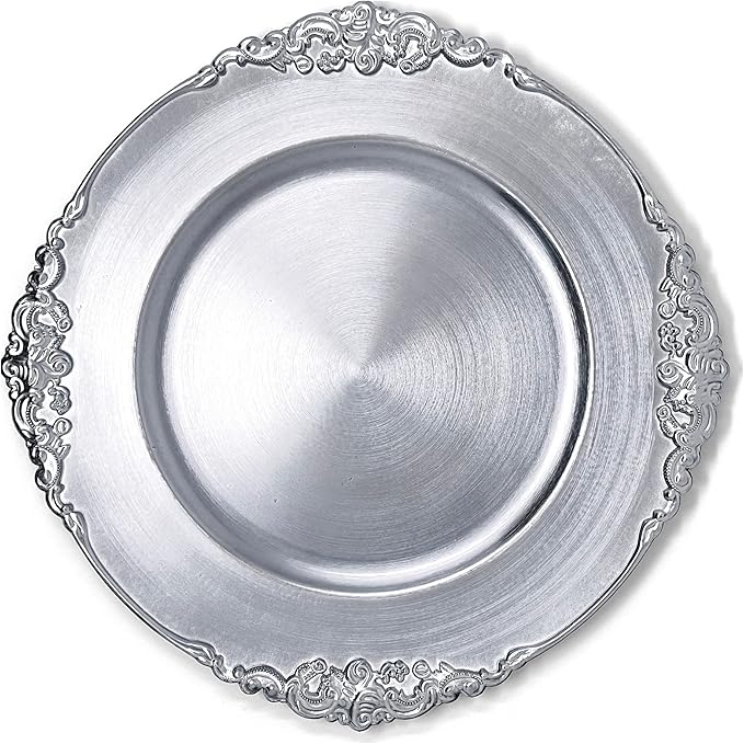 Allgala Heavy Quality Round Charger Plates - Set for Table Decor - Ideal for Weddings, Thanksgiving Parties & Holidays - Floral Silver (13-Inch 6-Pack)