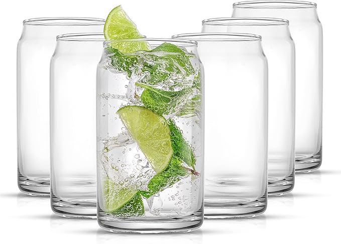JoyJolt Drinking Glass Cups Set of 6-16oz Beer Can Glasses. Clear Soda Can Shaped Glass Cups, Cute Iced Coffee Cup Tumblers, Cold Drink Glassware, Unique Water, Tea, Cocktail Glass Set
