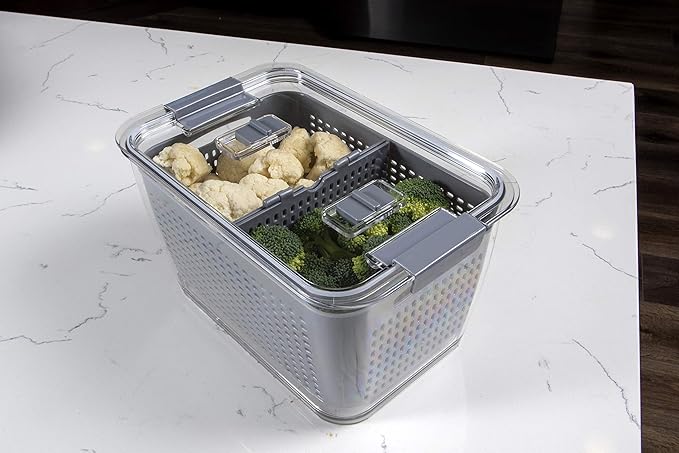 Kitchen Spaces Colander Stackable Food Storage Bin, Large, Gray, 11"L x 7"W x 9"H