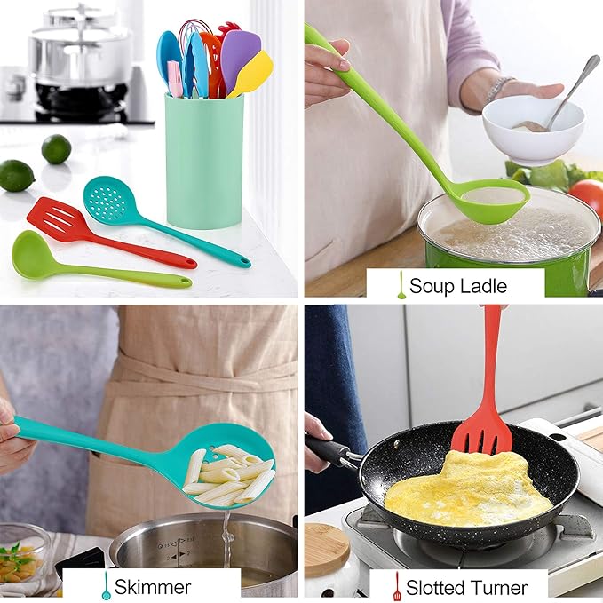 LIANYU 12-Piece Silicone Kitchen Cooking Utensils with Holder, Kitchen Tools Set Include Slotted Spatula Spoon Turner Ladle Tong Whisk, Dishwasher Safe, Multi Colored