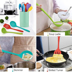 LIANYU 12-Piece Silicone Kitchen Cooking Utensils with Holder, Kitchen Tools Set Include Slotted Spatula Spoon Turner Ladle Tong Whisk, Dishwasher Safe, Multi Colored