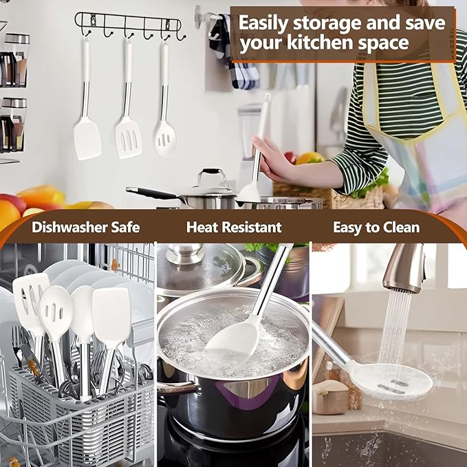 P&P CHEF White Kitchen Cooking Utensil Set of 4, Silicone Solid Spatulas Slotted Spoons Turners for Non-stick Cookware Flipping Mixing, Heat-proof