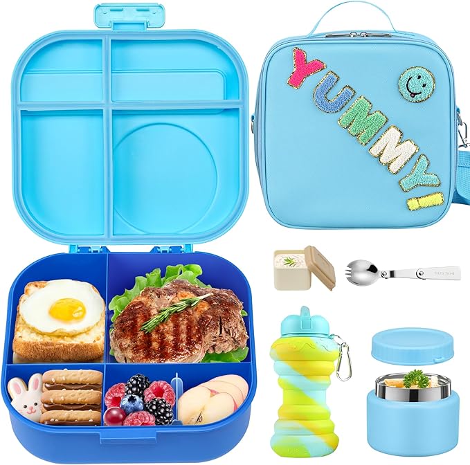 Kids Bento Lunch Box with 12oz Soup Thermo, Kids Leakproof Lunch Food Container with 4 Compartments, Insulated Lunch Bag & Water Cup for Girls Boys to School Travel