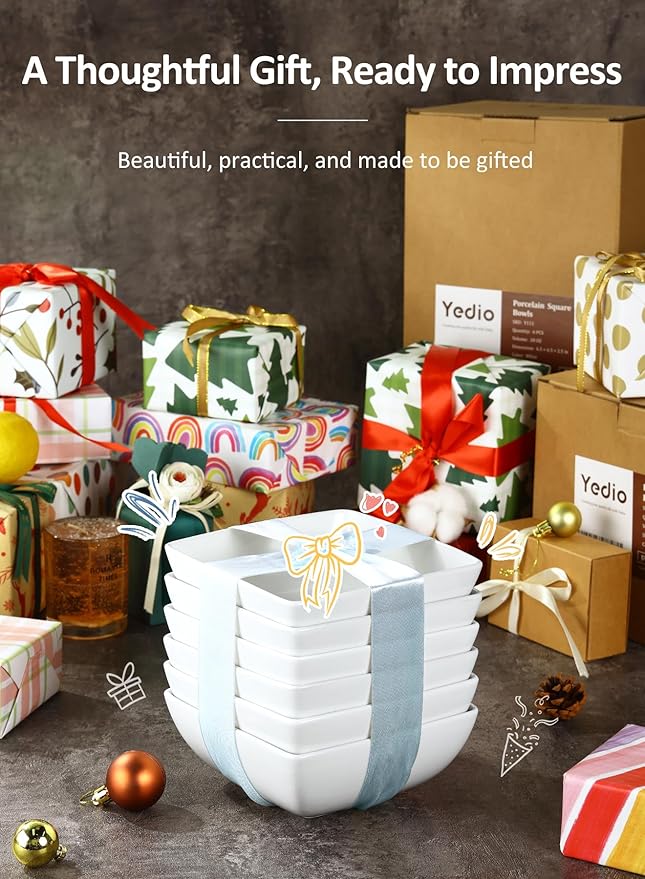 Yedio Porcelain Soup Bowls Set of 6, 28 OZ Square Cereal Bowls, Rice Bowl, for Ice Cream and Dessert Snack, Wedding Party Gift, Microwave Safe Bowl