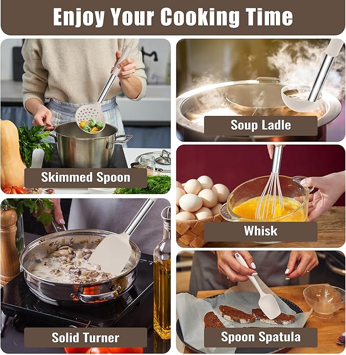 E-far 14 Pieces Silicone Cooking Utensils Set, Kitchen Utensils Set with Holder, Spatula, Ladle, Spoon, Tong, Slotted Turner for Nonstick Cookware, Heat Resistant & Stainless Steel Handle, Khaki