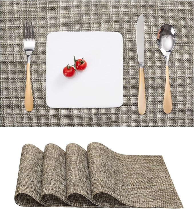 Myir JUN Placemats Set of 4, Vinyl Woven Placemats Place Mats Indoor Set of 4 Washable Table Mats Non-Slip Place mats for Dining Table (Caramel, Set of 4)