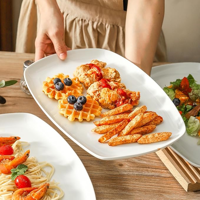 fMBB 3pcs Ceramic White Serving Platters, Large Rectangular Plate, Irregular Rectangular Trays - Party, Wedding, Entertaining, Microwave and Dishwasher Safe - 14 Inch