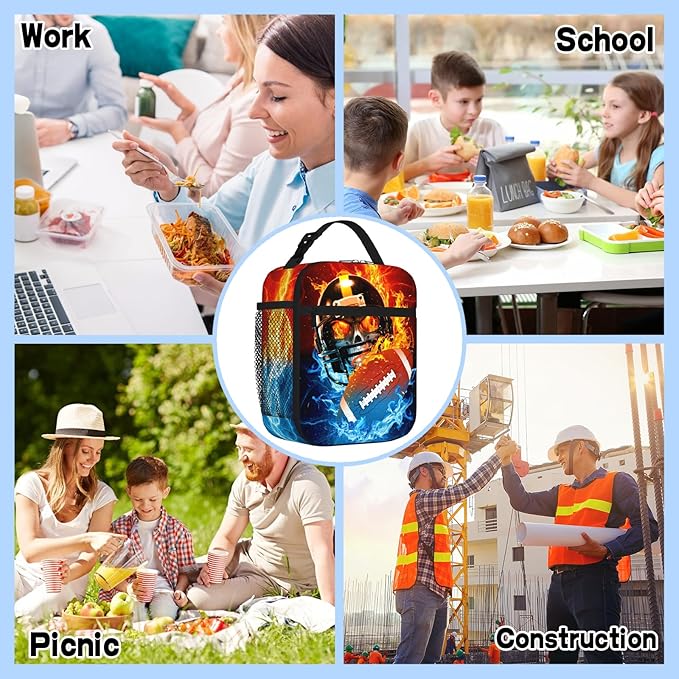 American Football Lunch Bag for Boys Girls Insulated Football Lunch Box for Kid Teen Adult Reusable Kids Lunch Bag for School Work Office Travel Waterproof Leakproof Portable Fits Most Bento Boxes