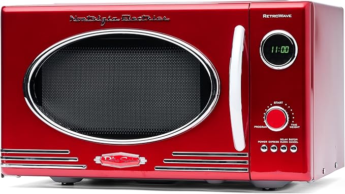 Nostalgia Retro Countertop Microwave Oven, 0.9 Cu. Ft. 800-Watts with LED Digital Display, Child Lock, Easy Clean Interior, Red